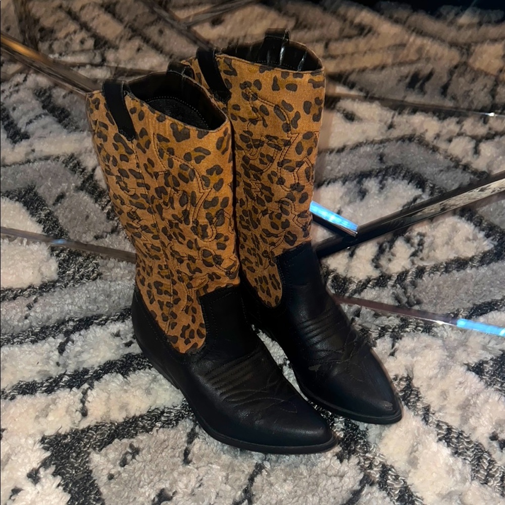 Leopard Print Black Leather Boots